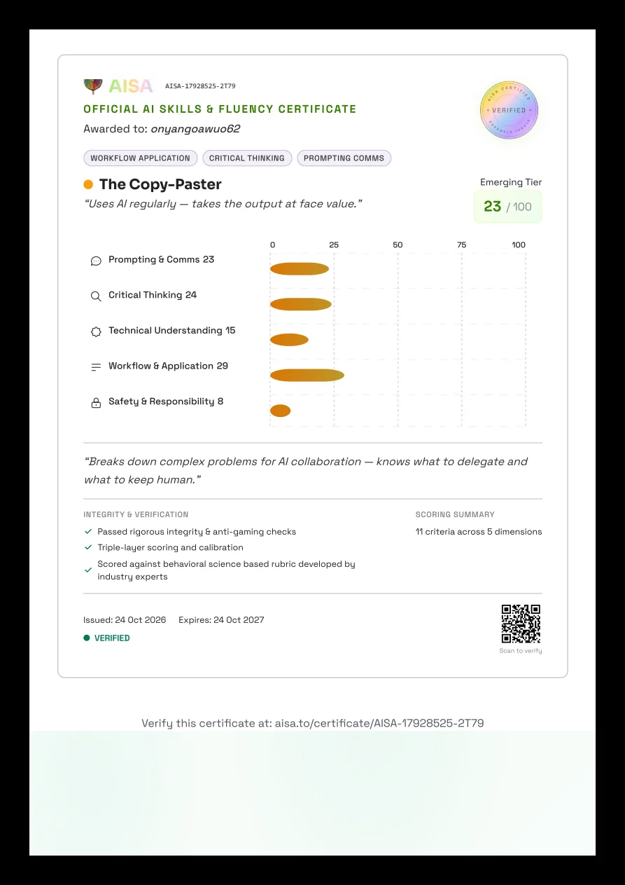 AISA Official AI Skills and Fluency Certificate, Emerging Tier